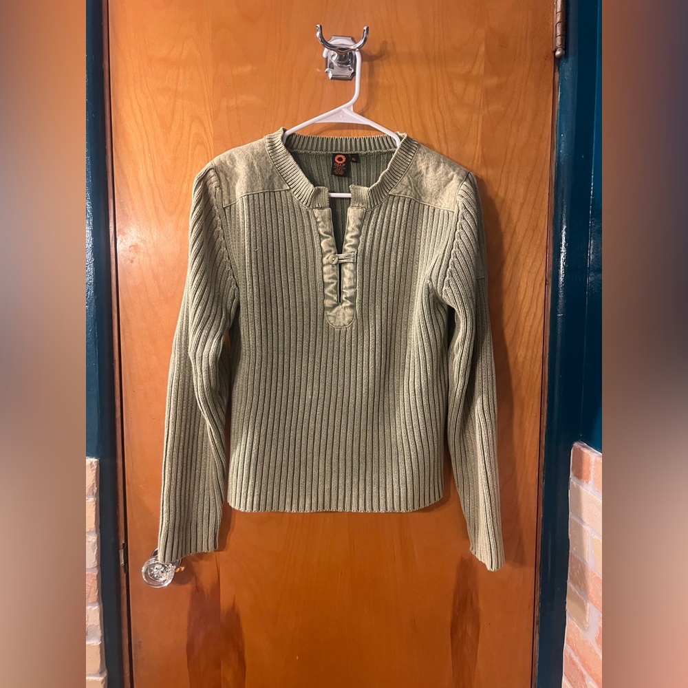 OJAI Green Ribbed Sweater with Ruffle Neckline